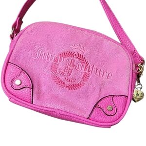 Juicy Couture Terrycloth Hot Pink Crossbody Bag Y2K Faux Leather Trim Purse